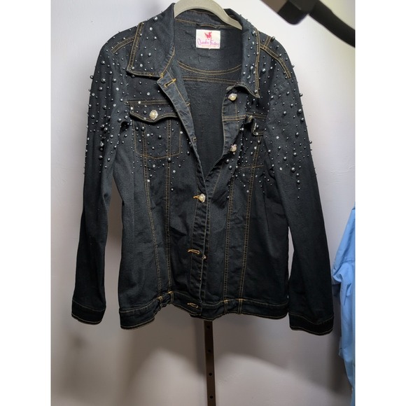 QUACKER FACTORY Dark DENIM JACKET Pearl Like Beads Large Bling Button L‎ - Picture 1 of 7
